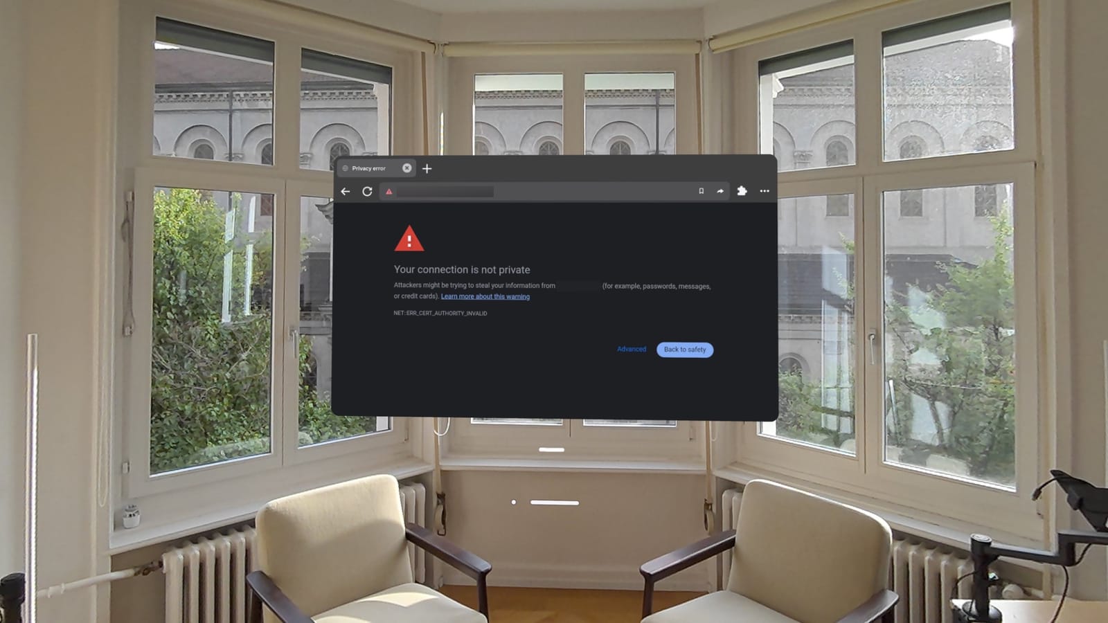 The Quest browser warning about the self-signed certificate