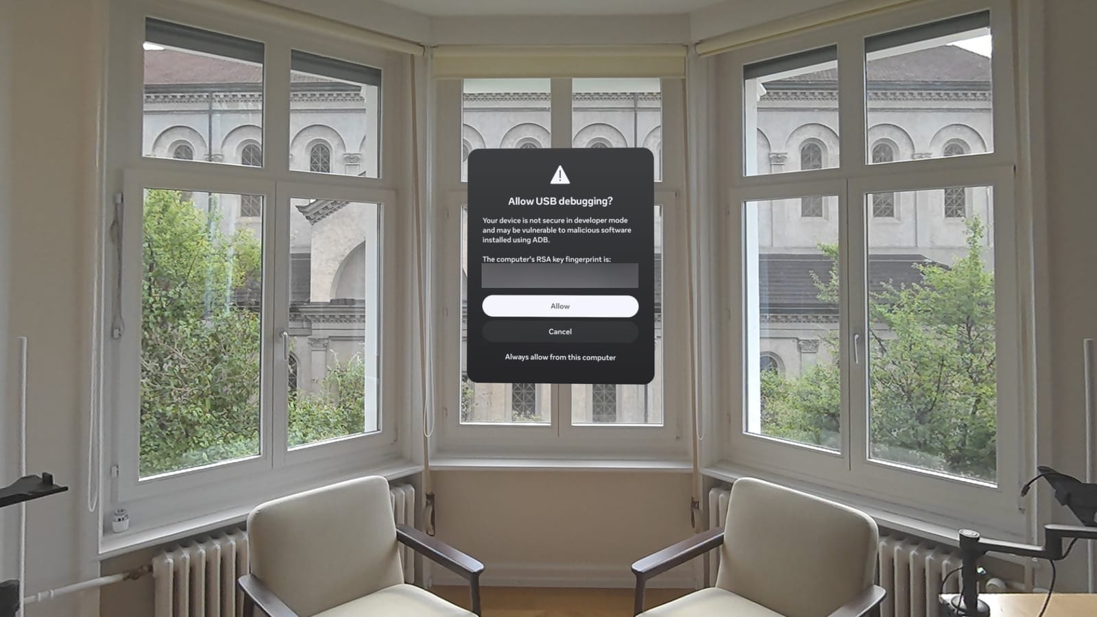 The USB-debugging permission prompt on the Quest